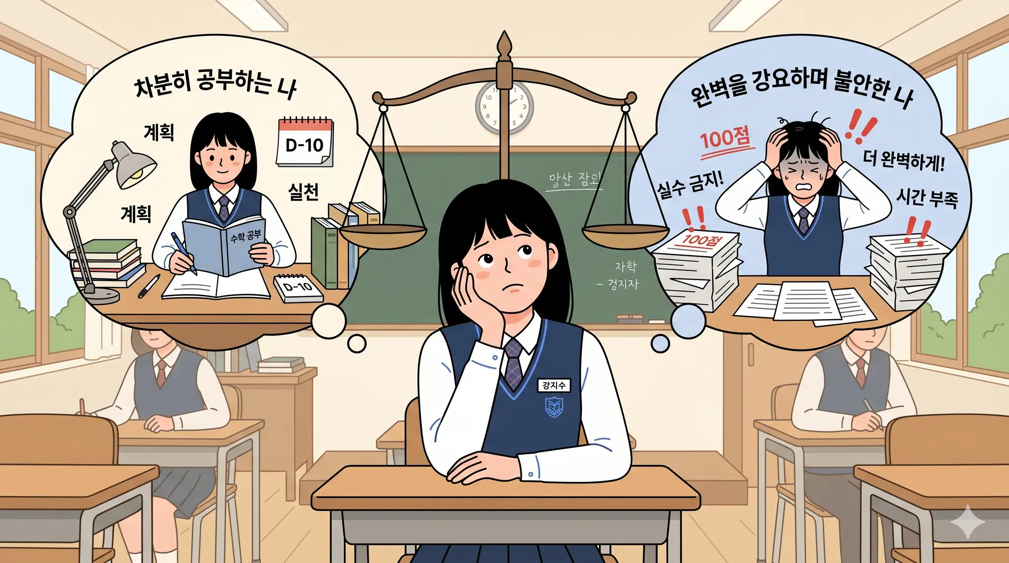 불안의 두 가지 원인인 준비 부족과 완벽주의를 떠올리며 고민하는 학생 