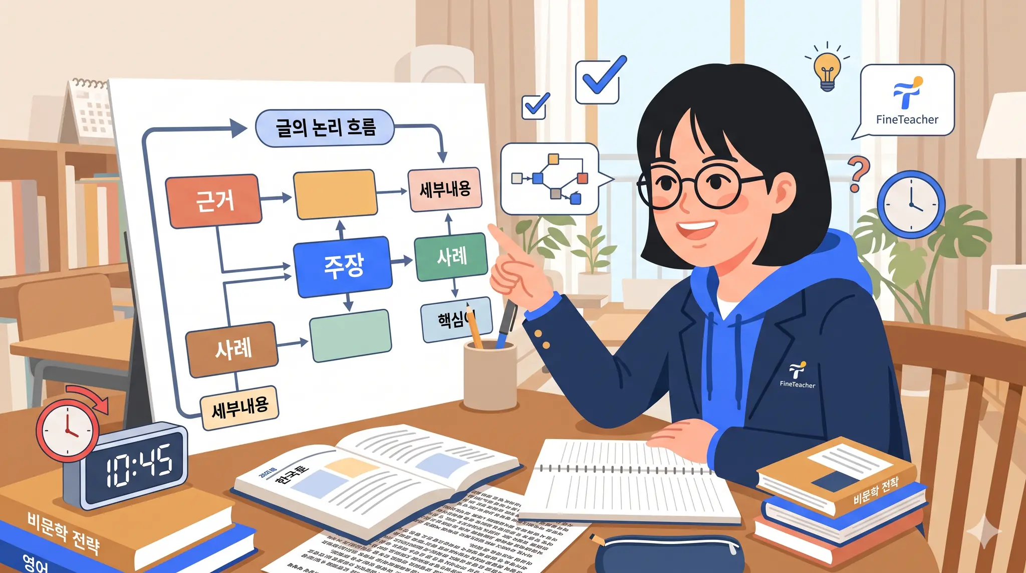 비문학 지문의 주장-근거-사례, 정의-비교-인과 구조를 도식으로 정리한 그림