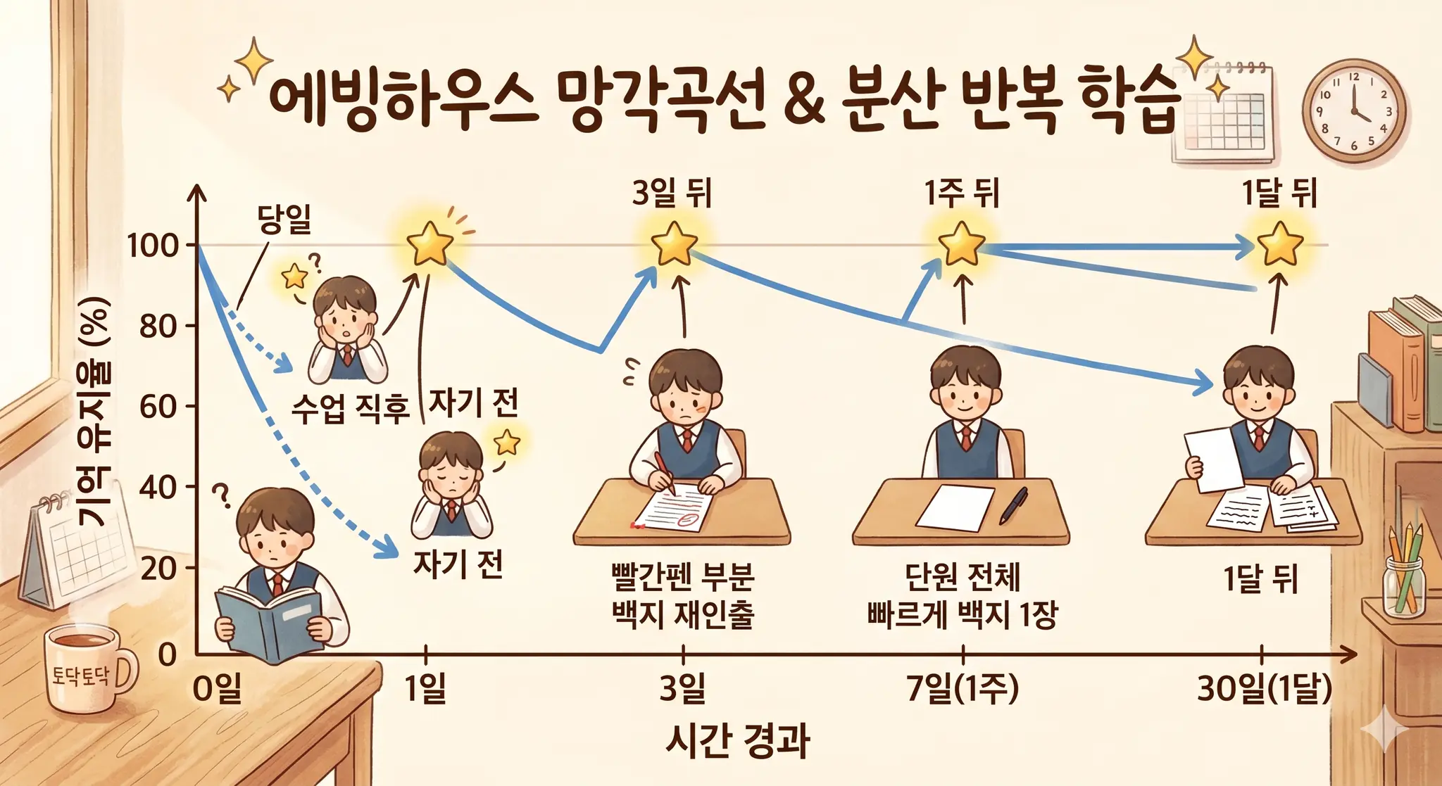에빙하우스 망각곡선과 분산 반복 학습 — 당일·3일·1주·1달 복습 시점별 기억 유지율 그래프