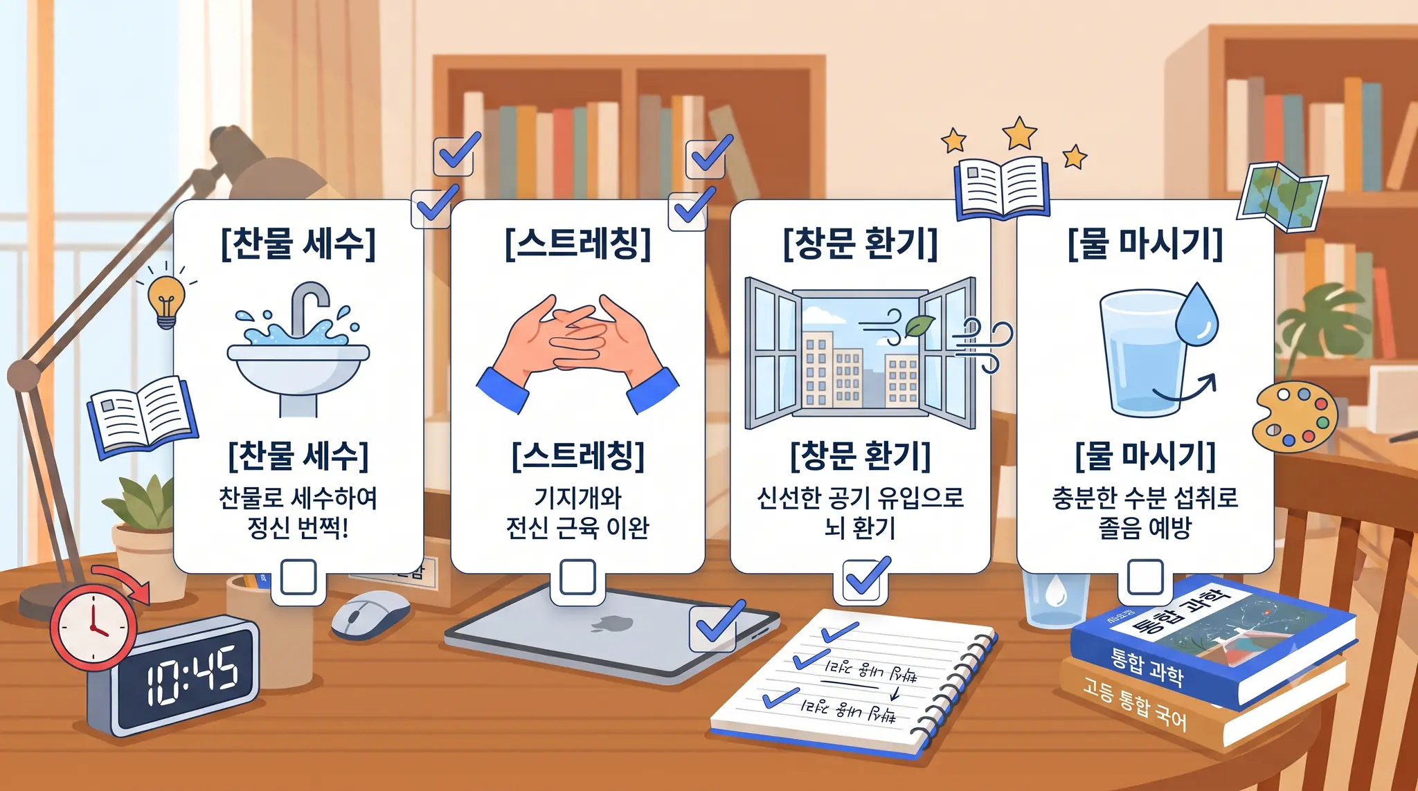 즉시 잠 깨는 법(찬물·스트레칭·환기)을 보여주는 인포그래픽