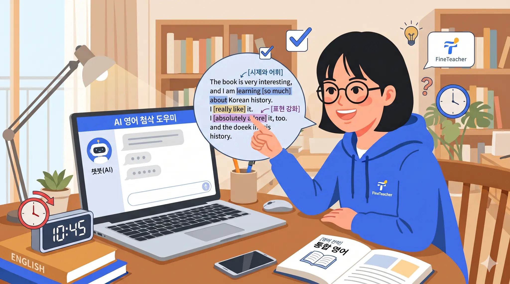 영어 작문을 챗GPT로 첨삭받으며 빨간 표시를 확인하는 학생