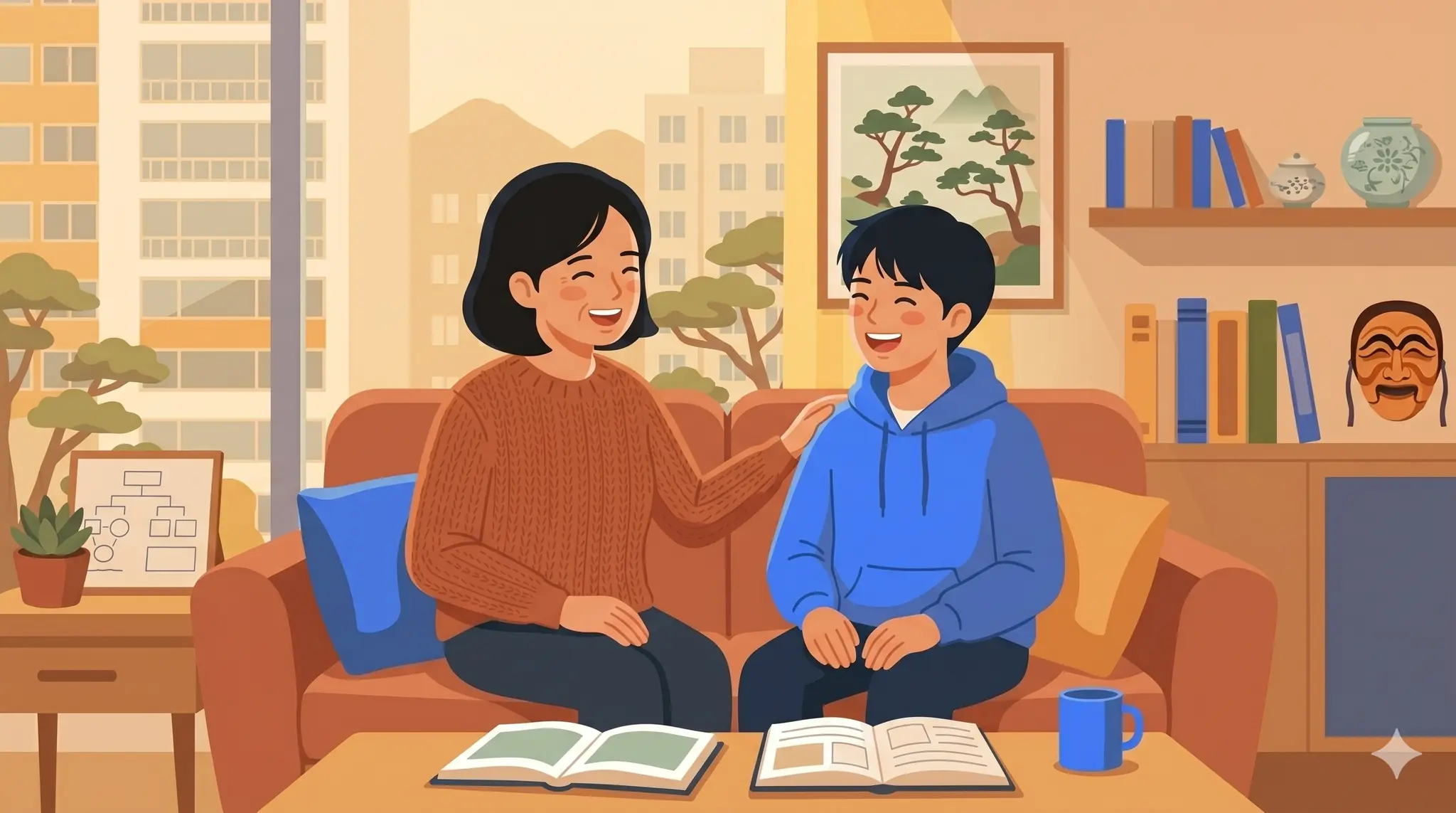 부모와 사춘기 자녀가 소파에 나란히 앉아 편안하게 이야기 나누는 모습