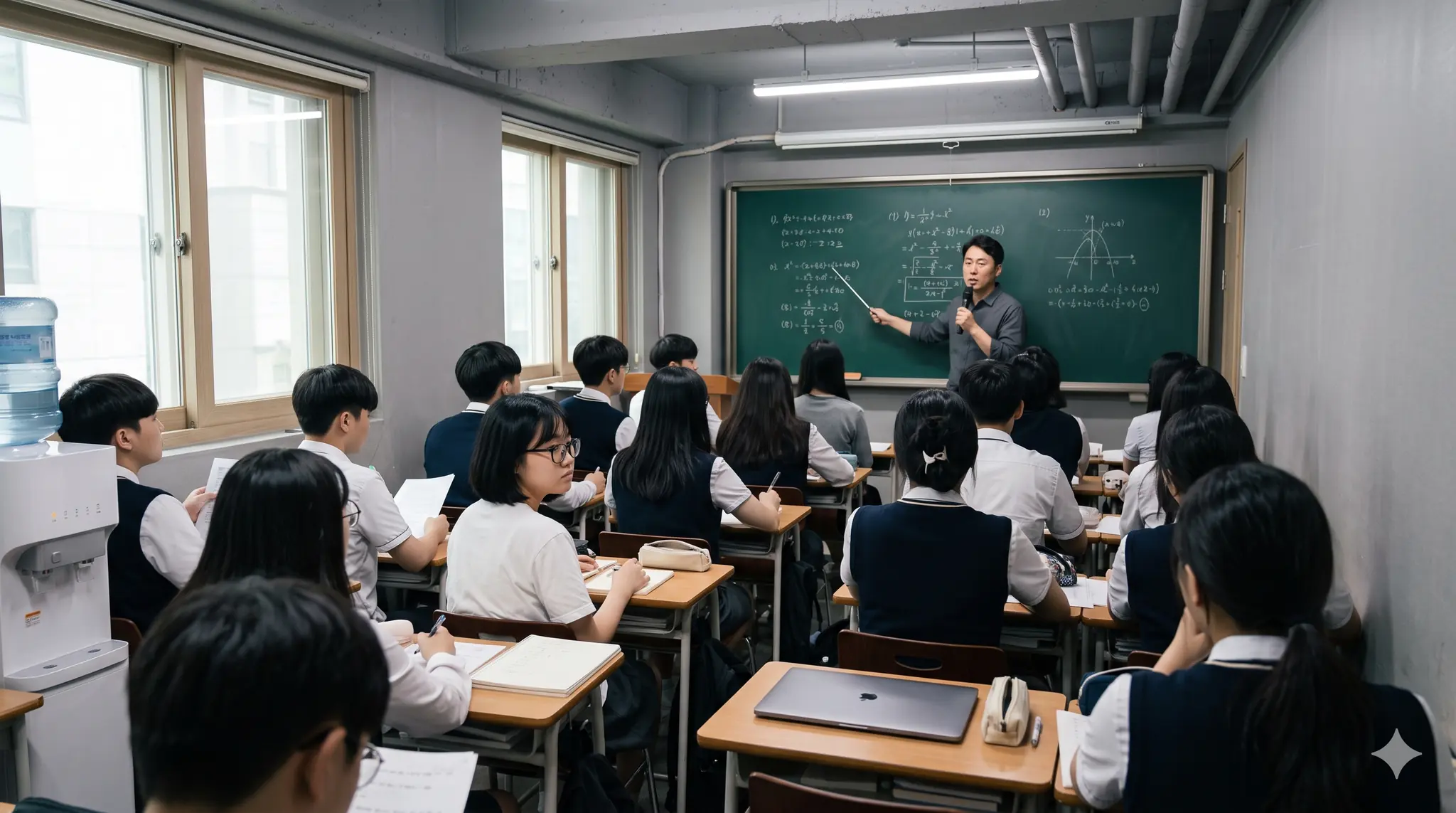 여러 학생이 같은 칠판을 보며 수업을 듣는 학원 교실 풍경