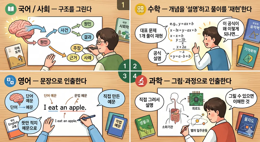 과목별 백지 공부법 — 국어·사회는 구조도, 수학은 풀이 재현, 영어는 예문, 과학은 그림으로 인출하기