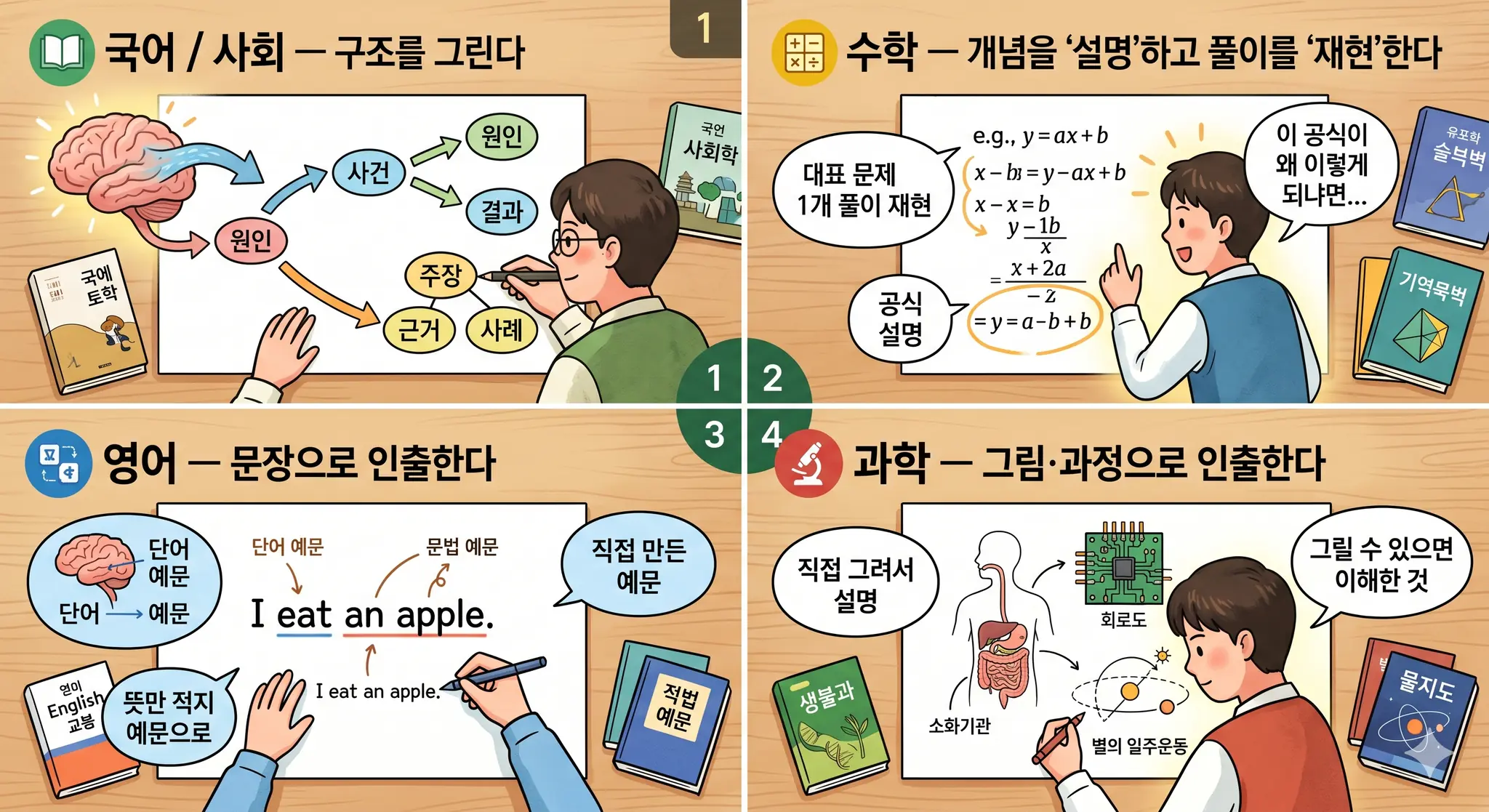 과목별 백지 공부법 — 국어·사회는 구조도, 수학은 풀이 재현, 영어는 예문, 과학은 그림으로 인출하기