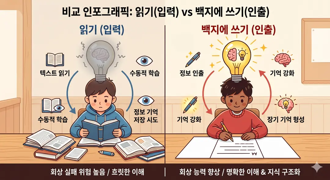 교재를 읽는 입력 학습과 백지에 꺼내 쓰는 백지 공부법의 기억 효과 비교 인포그래픽