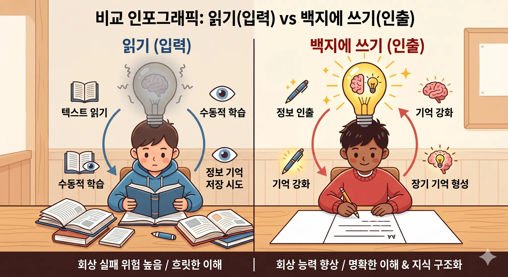교재를 읽는 입력 학습과 백지에 꺼내 쓰는 백지 공부법의 기억 효과 비교 인포그래픽