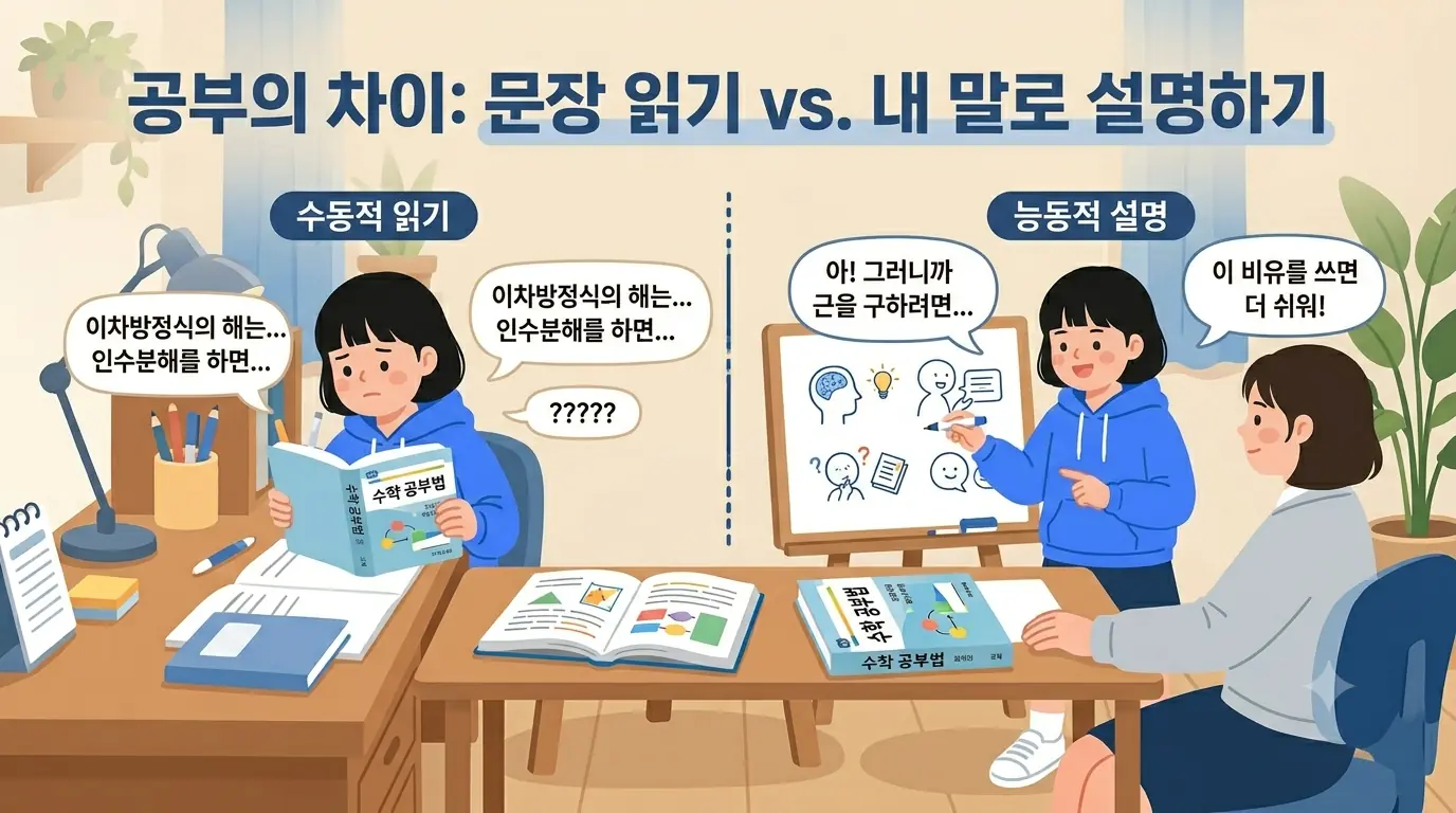 교과서 문장을 그대로 읽으며 외우는 학생과 자기 말로 설명하는 학생을 비교한 일러스트