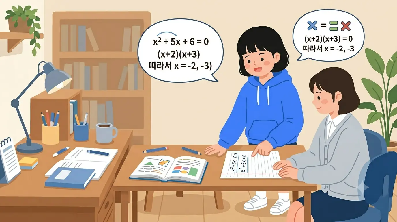 종이에 이차방정식을 적고 친구에게 풀이 과정을 말로 설명하는 중고등 학생