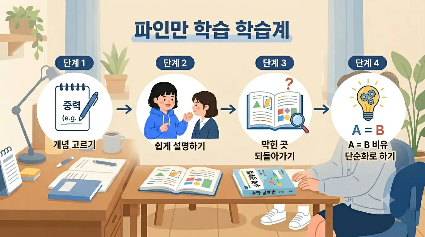 파인만 공부법 4단계 순서를 정리한 학습 단계