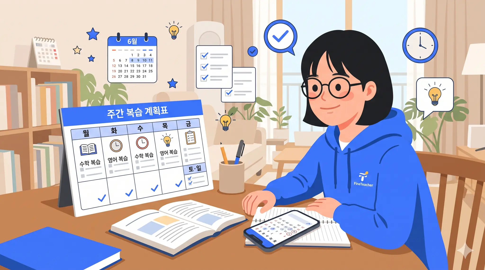 스마트폰 앱과 플래너로 복습 날짜를 관리하는 모습