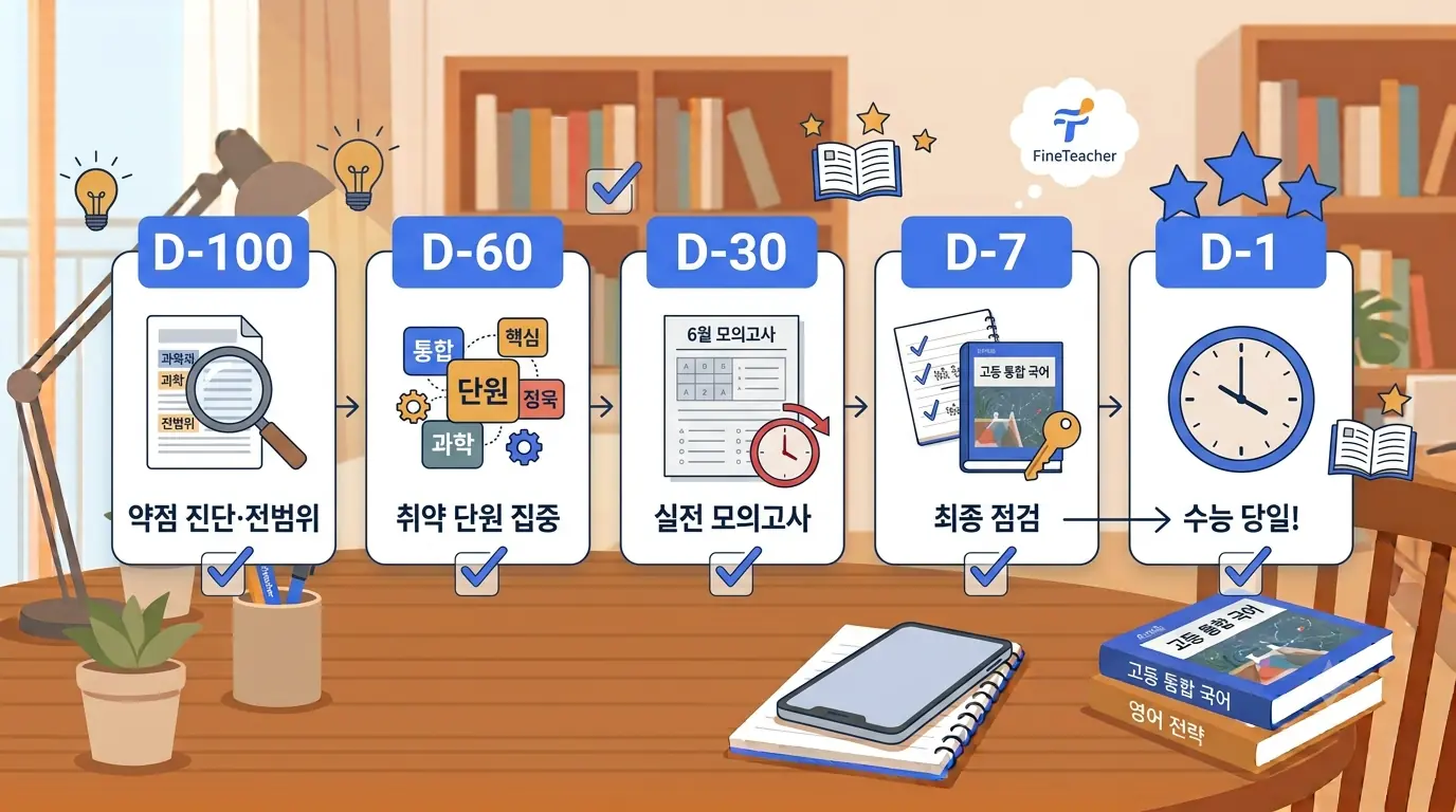 D-100부터 수능 당일까지 주차별 학습 단계를 보여주는 타임라인 인포그래픽