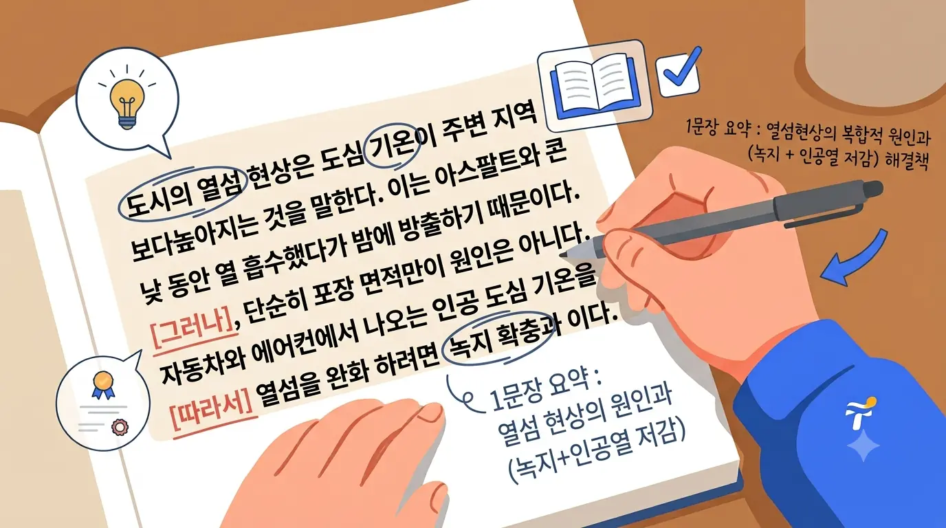 지문에 핵심어 동그라미와 접속어 밑줄을 표시하며 한 줄 요약을 적는 모습