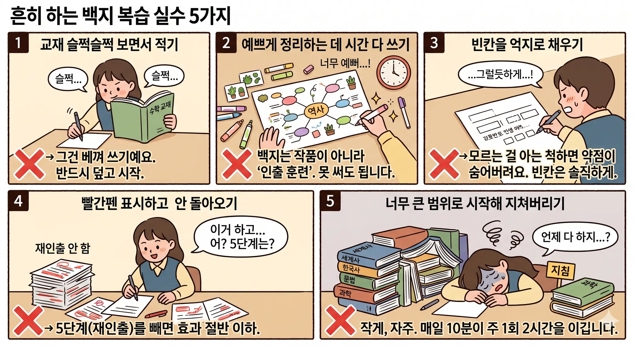 백지 복습 흔한 실수 5가지 — 교재 보며 적기, 예쁘게 꾸미기, 빈칸 억지 채우기, 재인출 생략, 너무 큰 범위로 시작