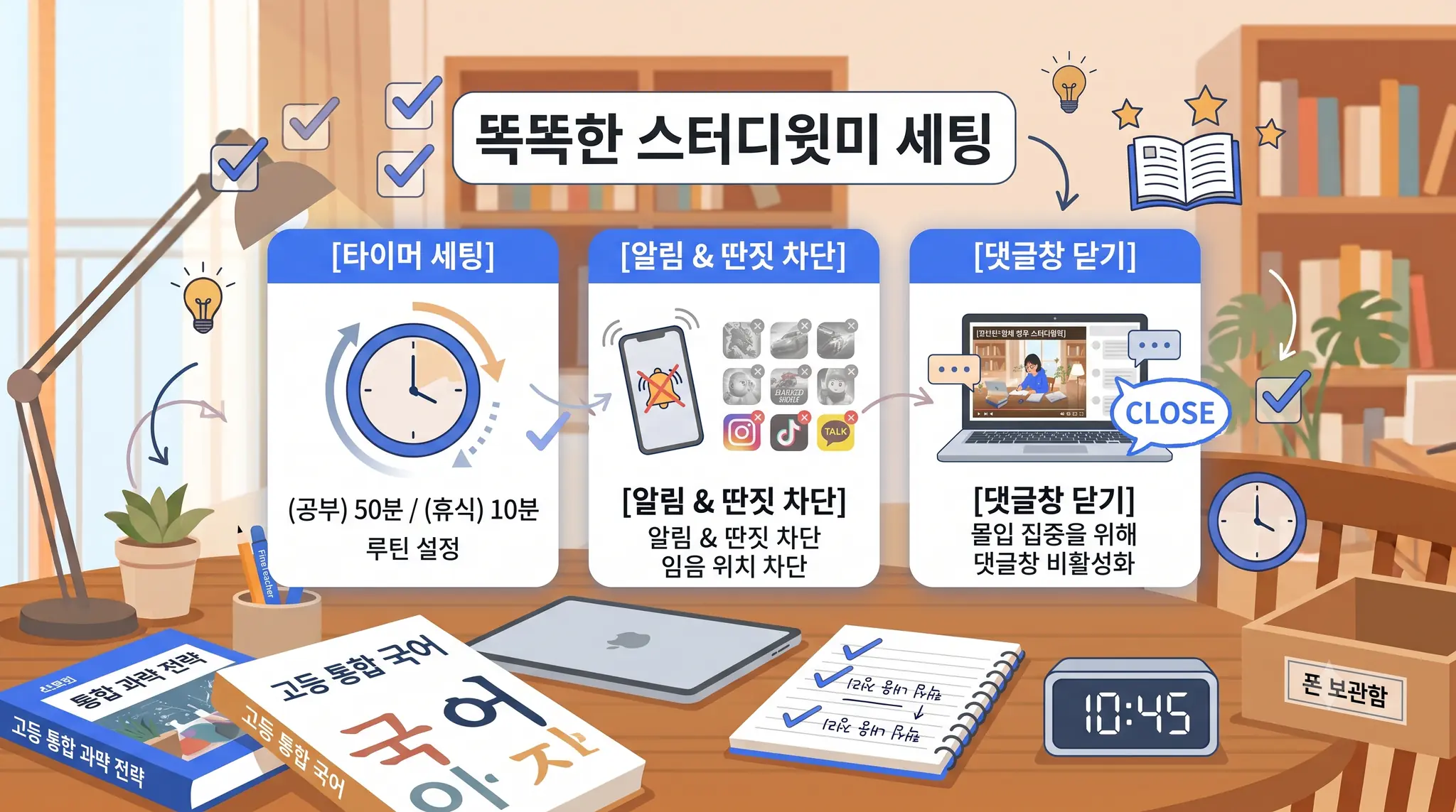 스터디윗미를 똑똑하게 쓰는 세팅(타이머·딴짓 차단)을 보여주는 인포그래픽