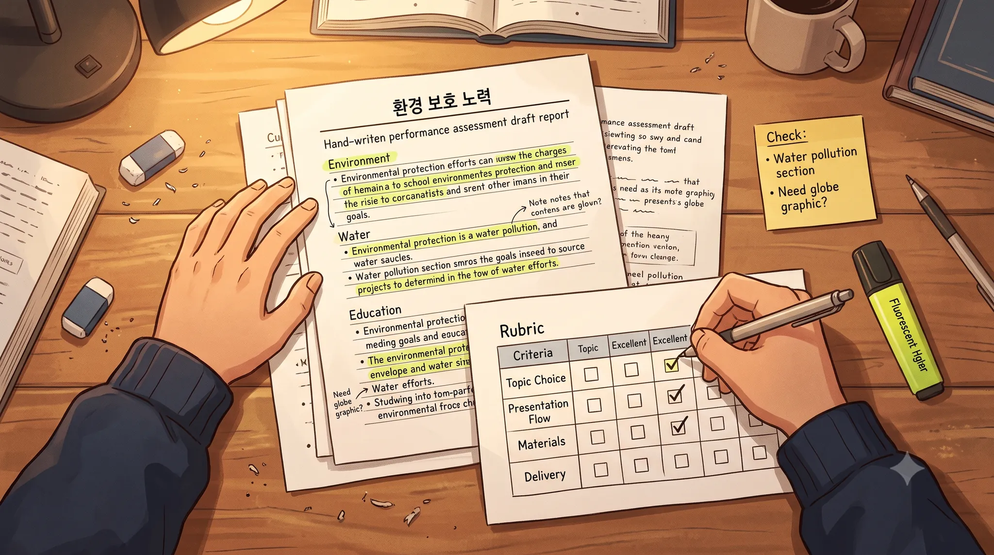 책상 위에 놓인 수행평가 보고서 초안과 루브릭 체크리스트, 형광펜으로 표시한 모습