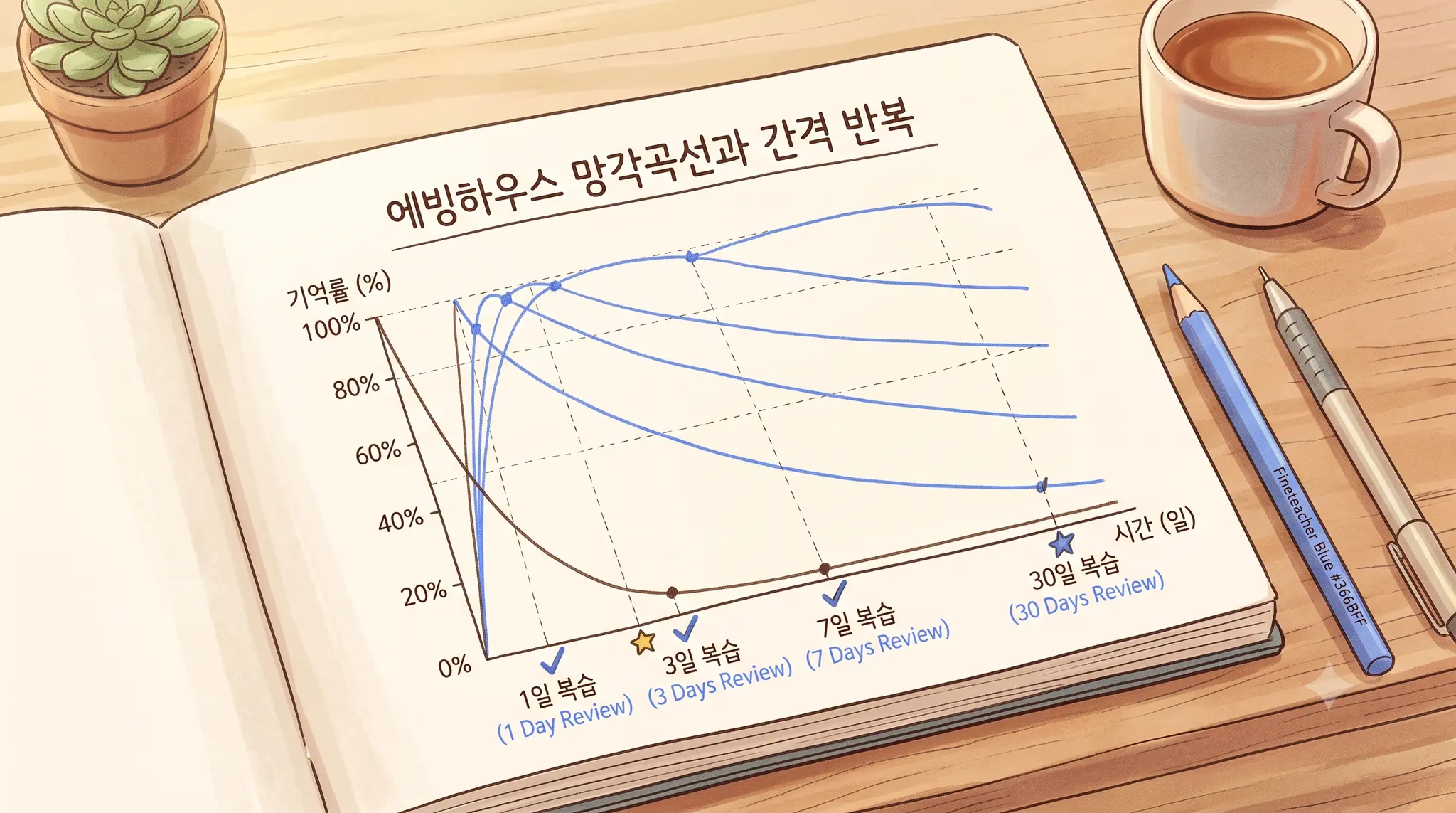 손으로 그린 에빙하우스 망각곡선과 1일·3일·7일·30일 복습 시점 표시