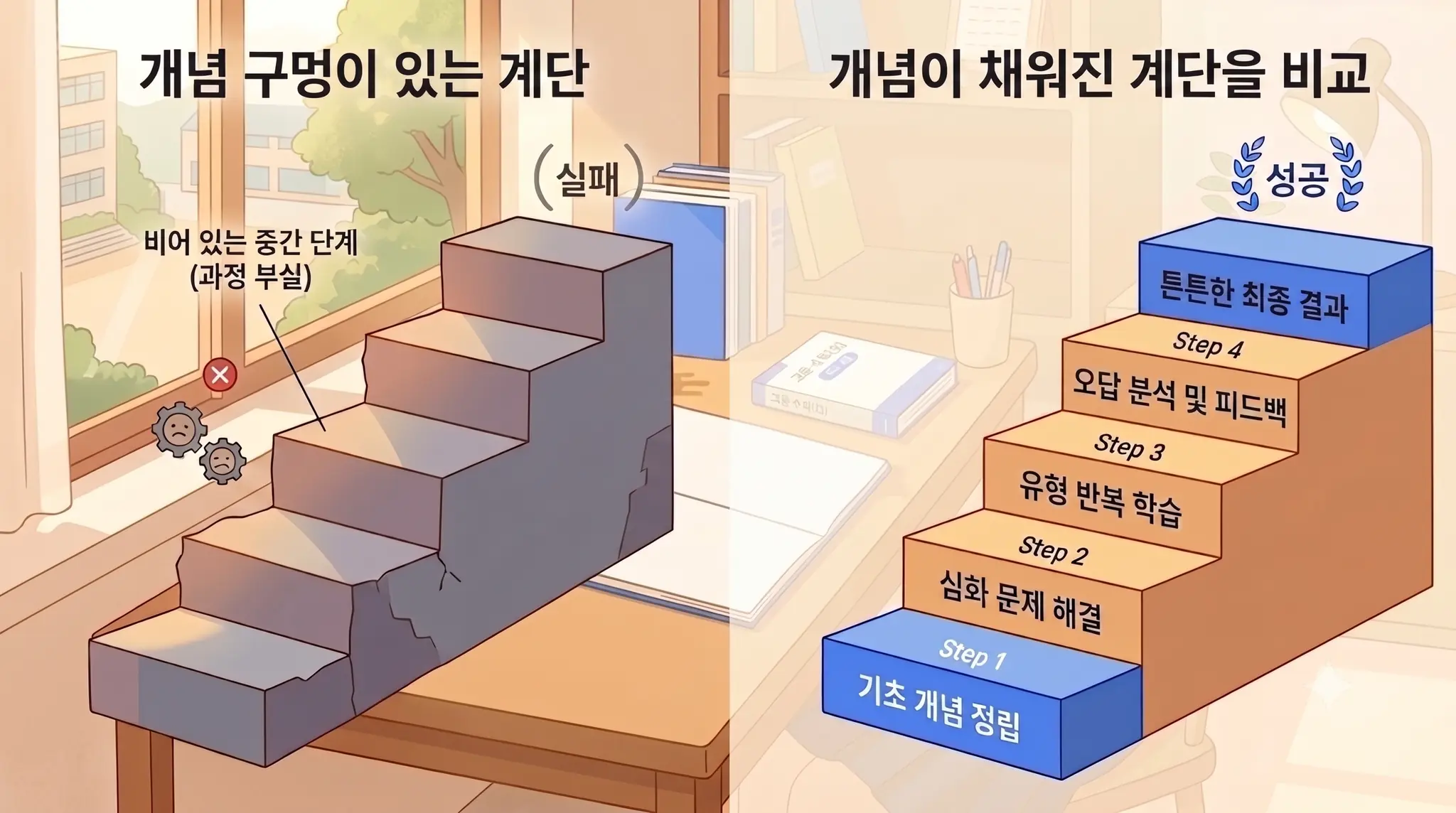개념 구멍이 있는 계단 vs 개념이 채워진 계단을 비교한 인포그래픽 