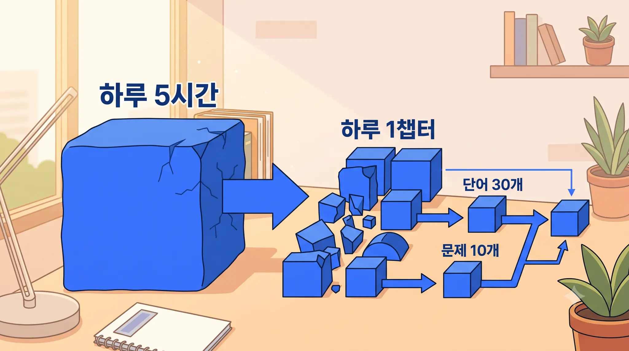 큰 목표를 작은 단위로 쪼개는 것을 보여주는 인포그래픽