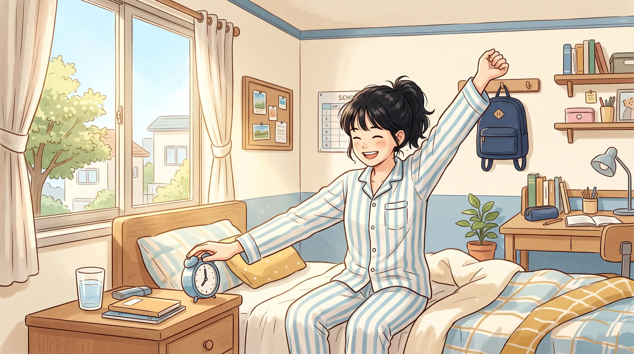 개학 전 아침 기상 리듬을 되돌리는 학생 — 알람에 맞춰 일어나기 | 파인티처