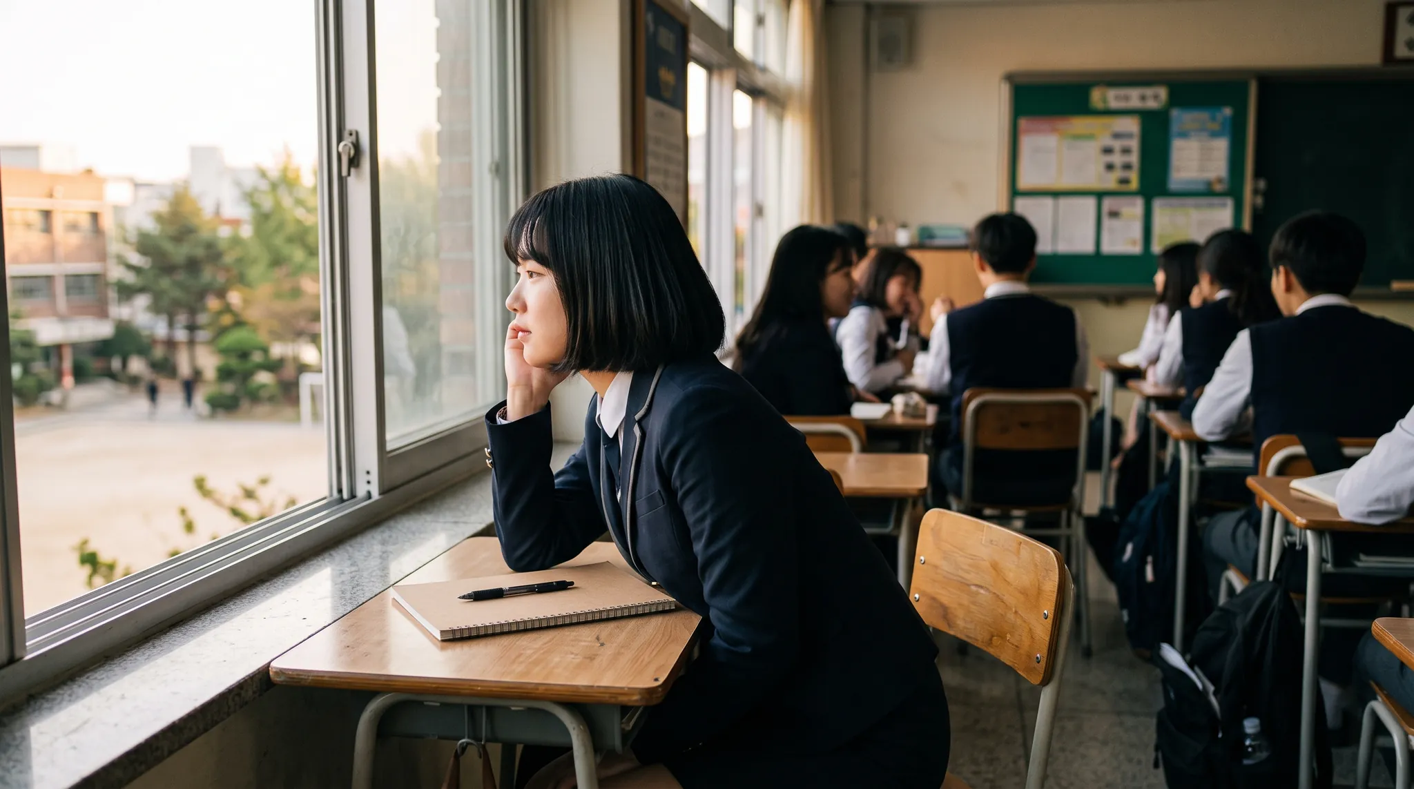 9월 모의고사 성적과 수능 성적을 비교하며 남은 학습 계획을 세우는 고3 교실 — 파인티처