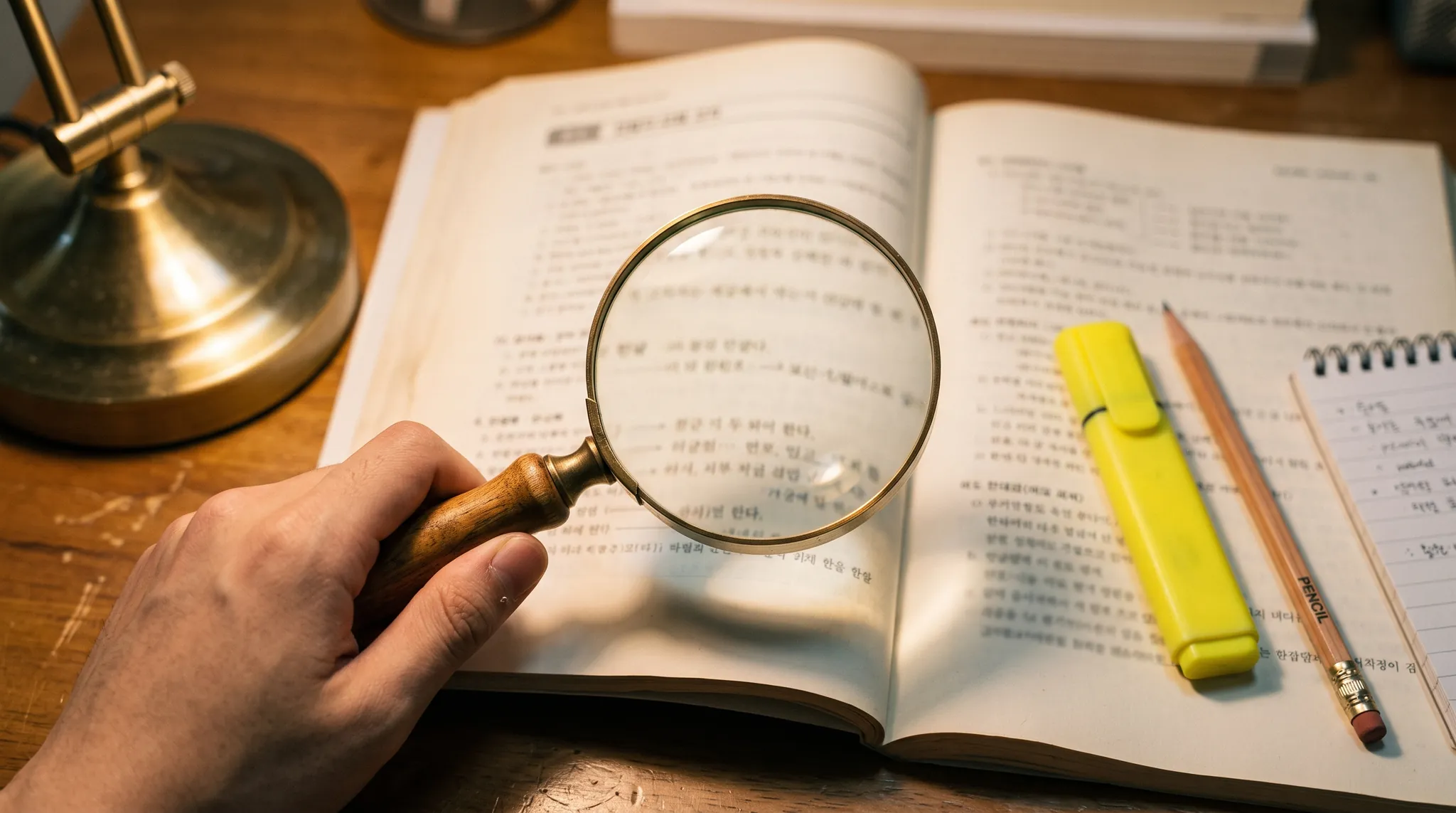 돋보기로 국어 문법 교재의 발음·음운 부분을 자세히 들여다보는 책상 — 국어 음운 변동 공부 | 파인티처 국어 화상과외