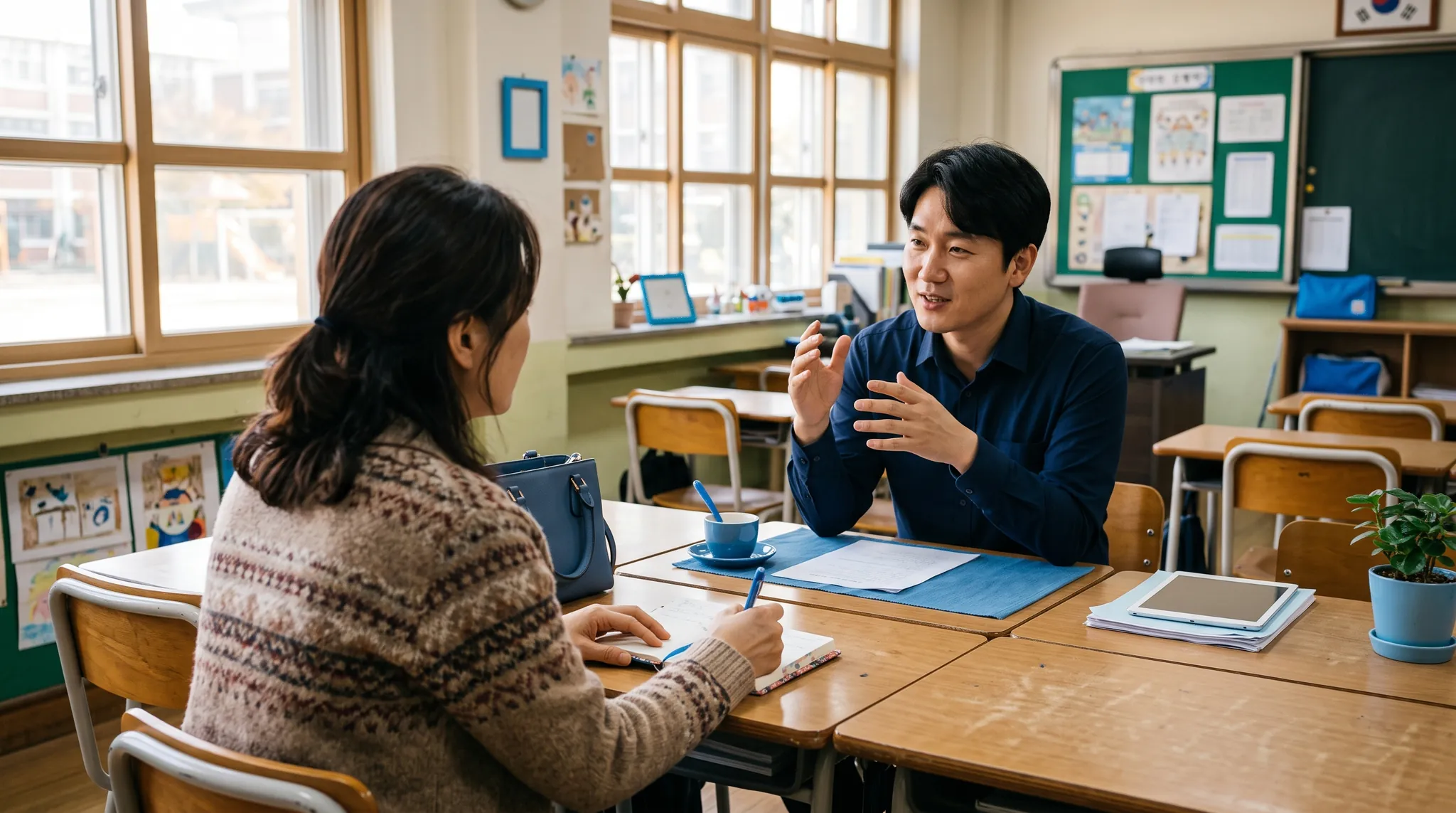 2학기 학부모 상담에서 담임 교사와 마주 앉아 상담 내용을 수첩에 적는 학부모 — 중학교 학부모 상담 준비 | 파인티처