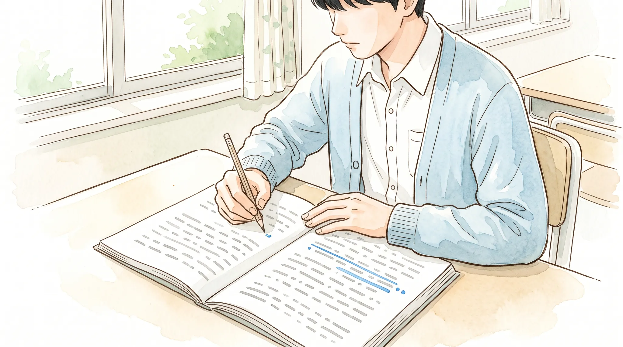 공통수학2 집합과 명제 서술형 증명을 연습장에 정리하는 고1 학생 — 파인티처