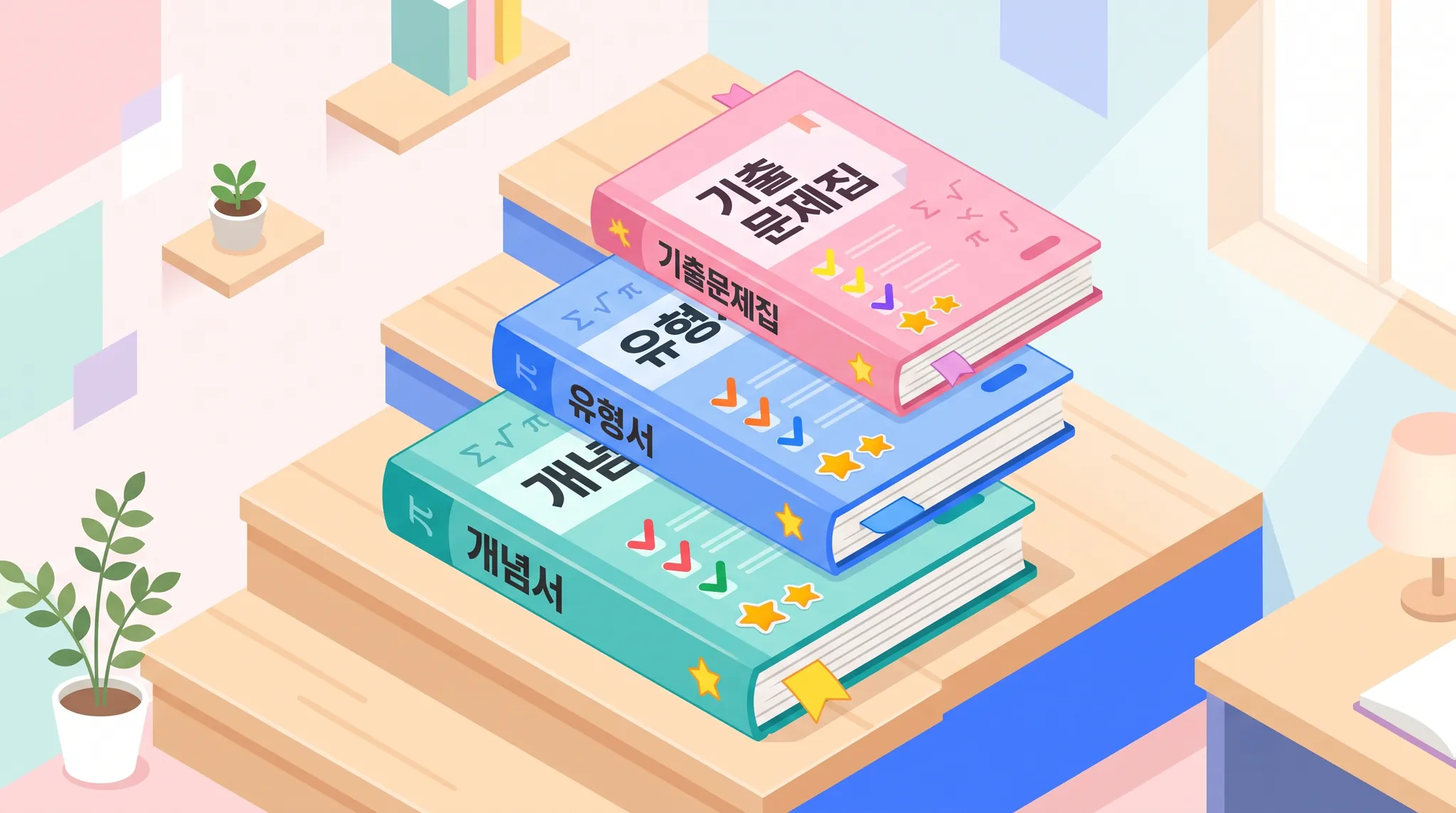 개념서·유형서·기출 세 단계로 쌓인 수학 문제집과 회차별 체크 표시 — 수학 문제집 회독법 | 파인티처 수학 화상과외
