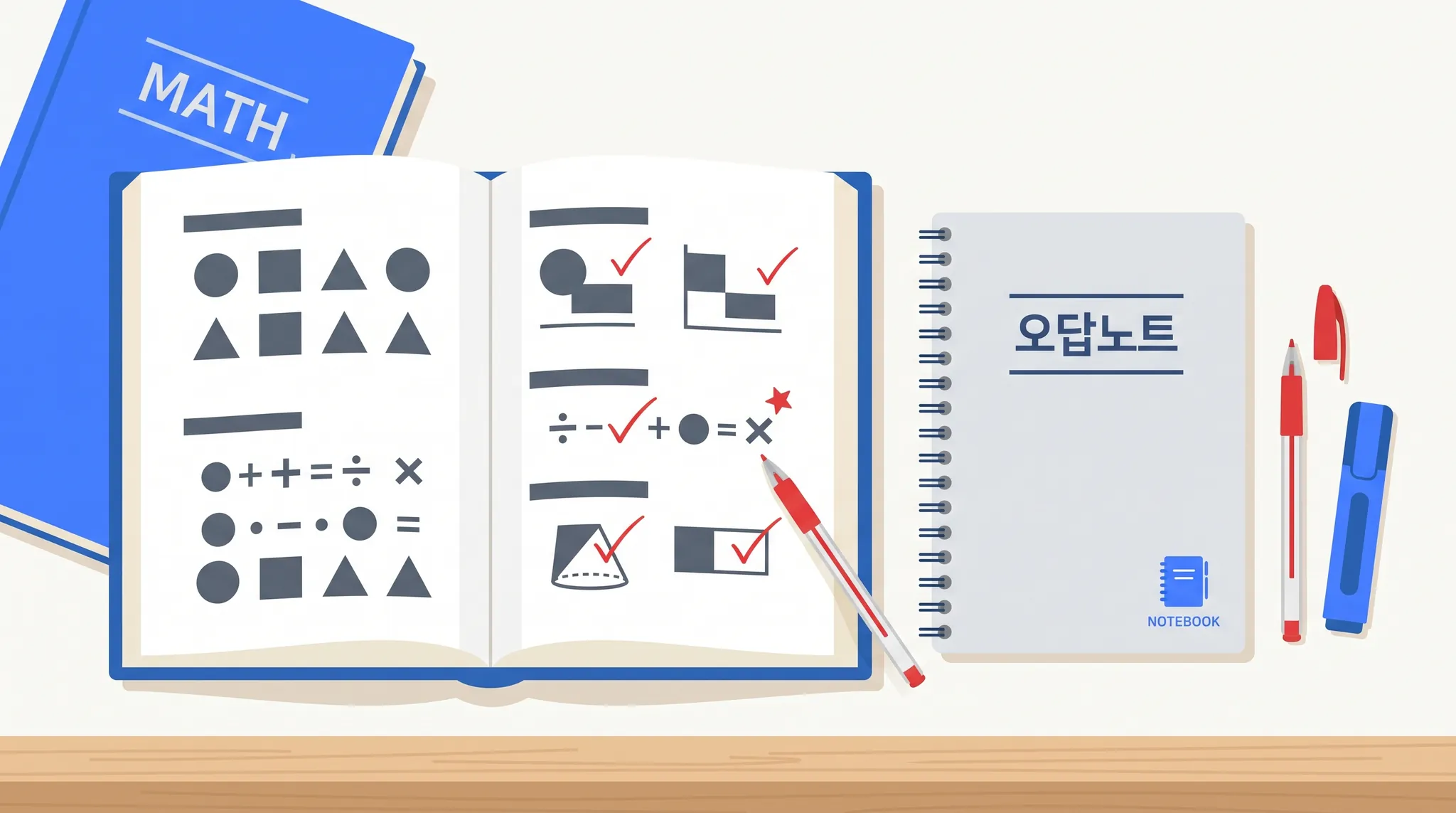 빨간펜으로 틀린 문제를 표시하고 오답노트에 옮겨 정리하는 모습 — 수학 오답 관리 | 파인티처 1:1 수학 화상과외