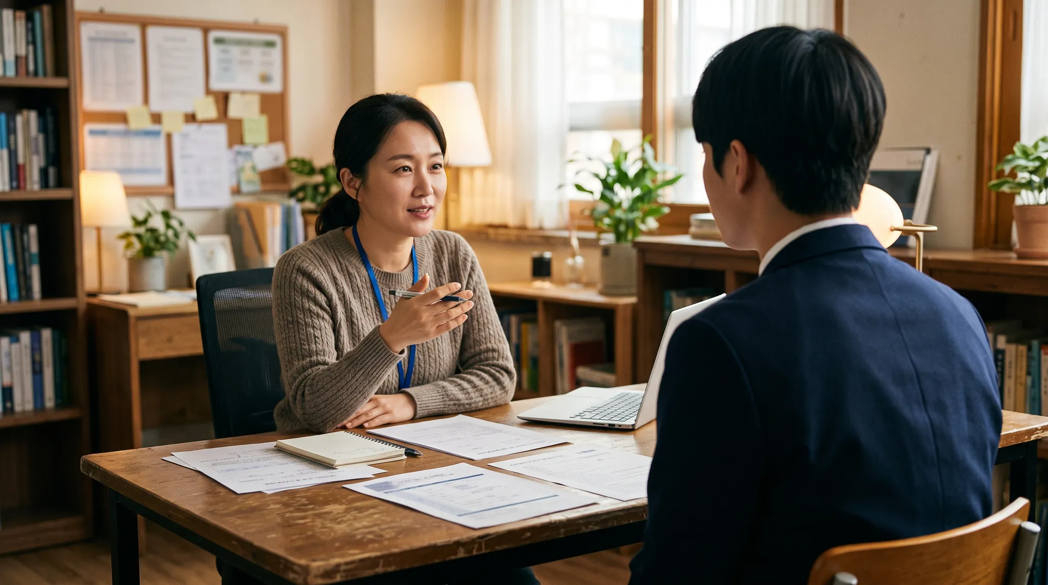 지원 대학을 함께 상담하는 고3 학생과 선생님 — 수시 지원 전략 상담 | 파인티처
