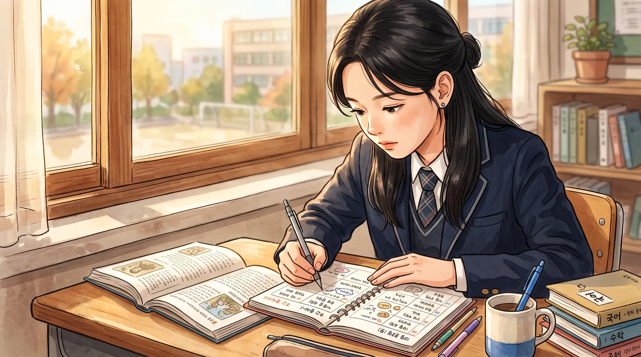 한국 고등학생이 개학 후 책상에서 역산 계획표를 보며 집중해 공부하는 모습 — 파인티처 1:1 온라인 과외