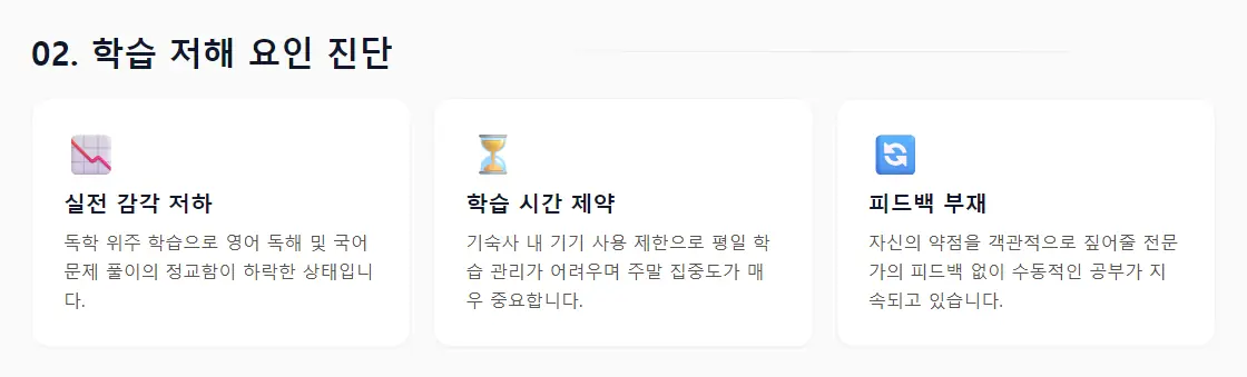 상담 리포트의 '02. 학습 저해 요인 진단' 화면 — 실전 감각 저하, 학습 시간 제약, 피드백 부재 세 개의 진단 카드