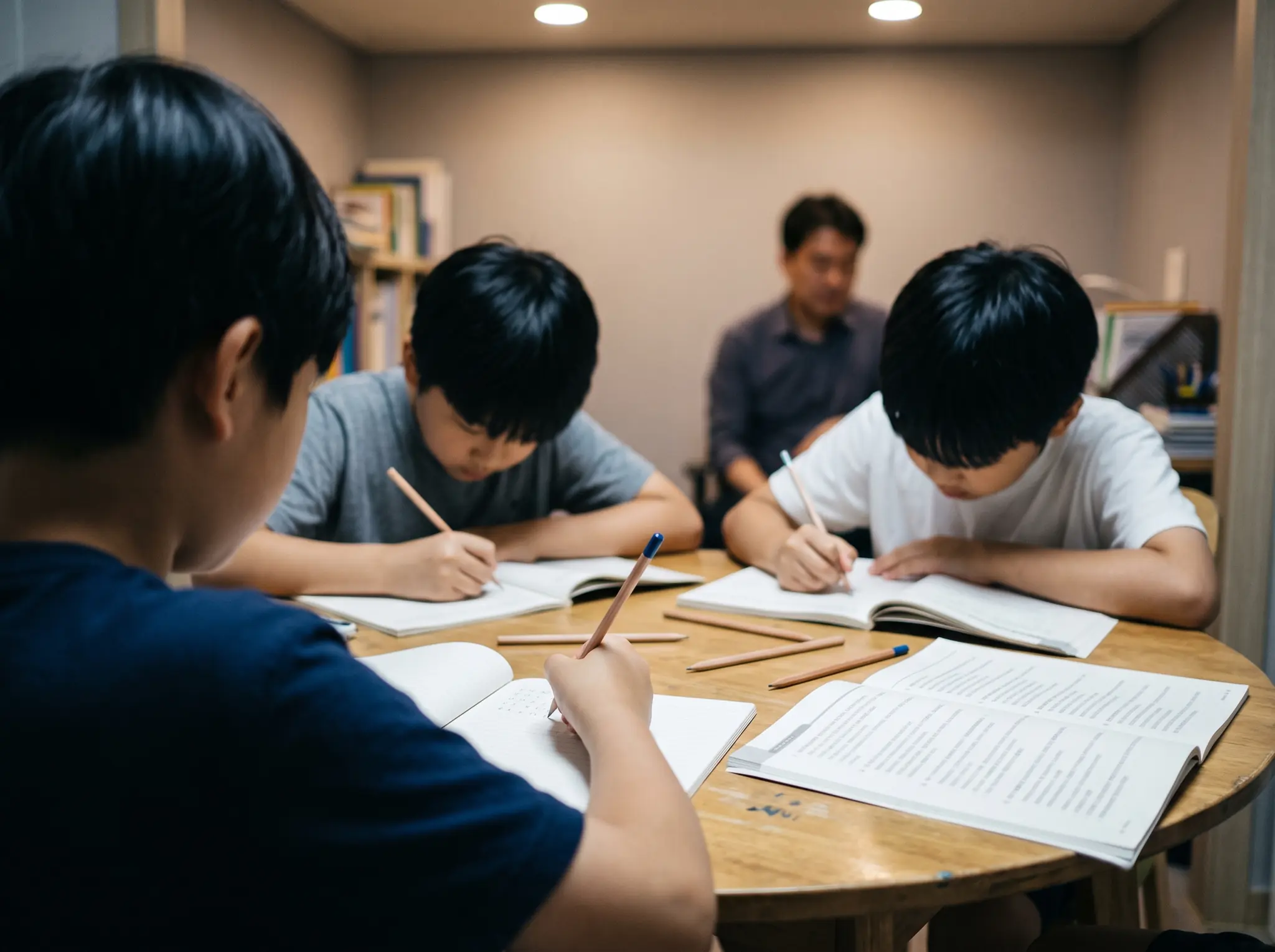 둥근 원목 테이블에 둘러앉은 중학생 세 명이 각자 공책에 문제를 풀고, 뒤쪽에 선생님이 흐릿하게 앉아 있는 모습 — 그룹 과외 수업 장면