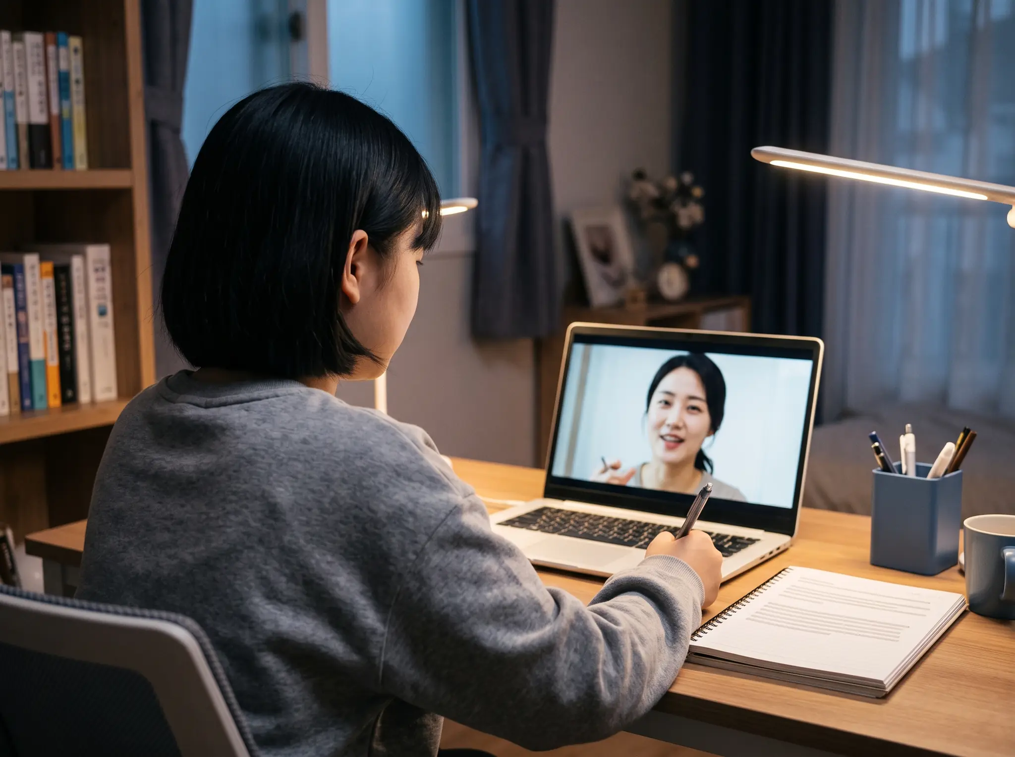 회색 맨투맨을 입은 단발머리 중학생이 집 공부방 책상에서 펜을 쥐고, 노트북 화면 속 선생님 한 명과 일대일 화상 수업을 하는 뒷모습 — 온라인 과외 비용