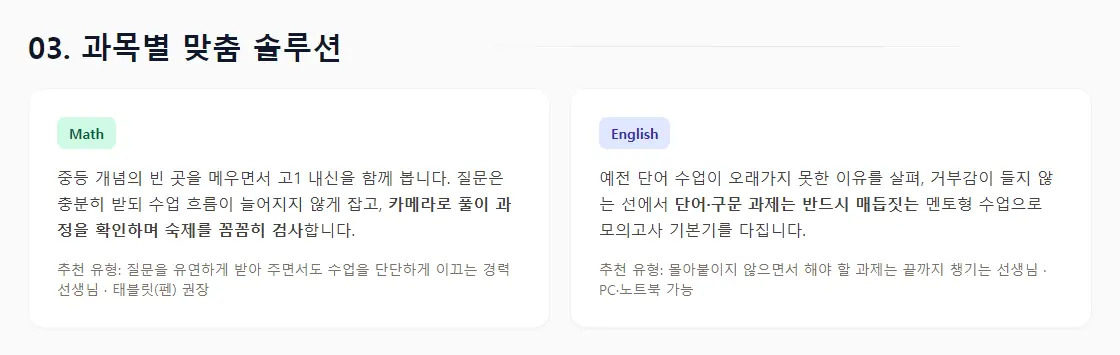 상담 리포트의 '03. 과목별 맞춤 솔루션' 화면 — 수학은 카메라로 풀이를 확인하며 숙제를 검사, 영어는 단어·구문 과제를 반드시 매듭짓는 멘토형 수업