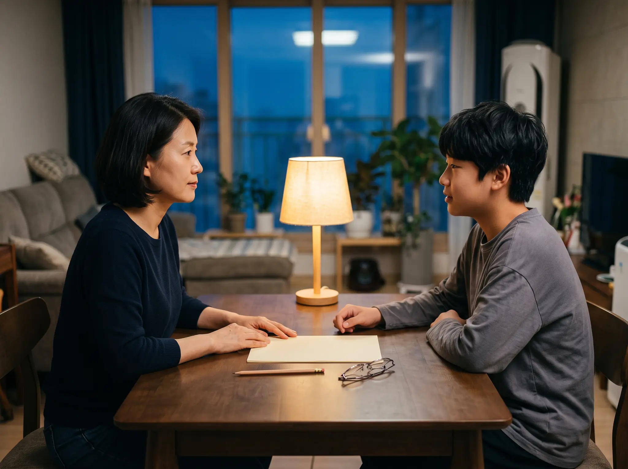 저녁 거실 식탁에서 어머니와 중학생 아들이 마주 앉아 이야기하는 옆모습, 두 사람 사이에 덮인 종이 한 장과 연필·안경이 놓여 있다 — 성적표를 함께 보는 대화