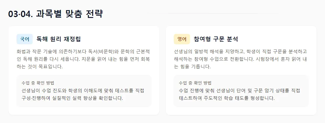 상담 리포트의 '03·04 과목별 맞춤 전략' 화면 — 국어는 독해 원리 재정립, 영어는 참여형 구문 분석으로 정리된 두 개의 전략 카드