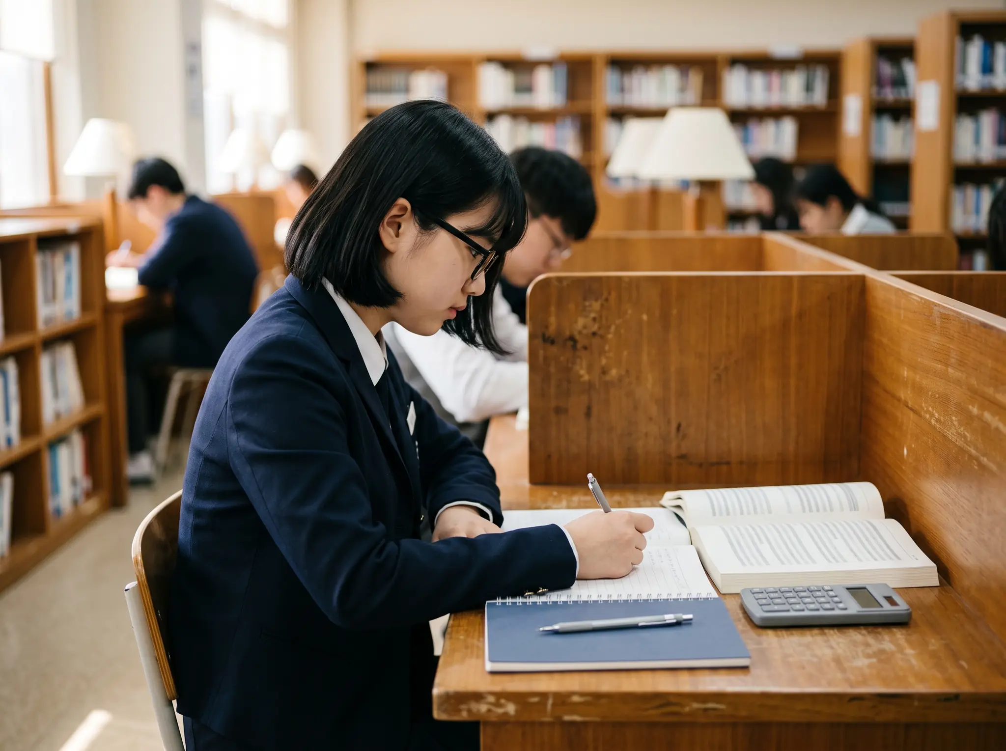 도서관 열람실 칸막이 책상에서 남색 교복 재킷을 입은 단발머리 고등학생이 펼친 문제집 옆 공책에 필기하고, 책상에 회색 계산기와 남색 공책이 놓인 옆모습 — 고1·고2 고등학생 사교육비