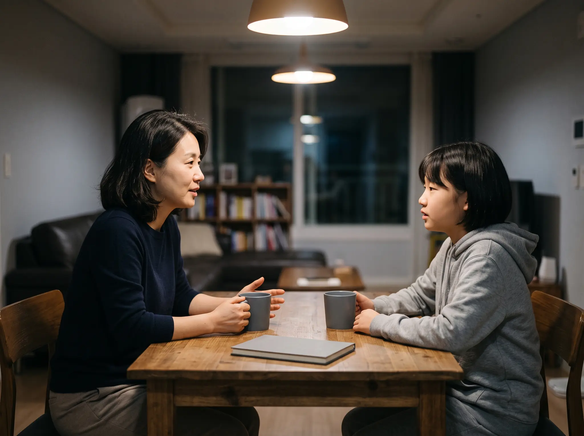 저녁 조명 아래 거실 식탁에 머그컵을 두고 마주 앉아 이야기하는 어머니와 자녀의 옆모습 — 학원을 계속 다닐지 상의하는 장면