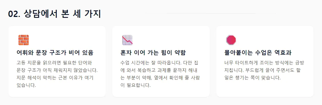 상담 리포트의 '02. 상담에서 본 세 가지' 화면 — 어휘와 문장 구조가 비어 있음, 혼자 이어 가는 힘이 약함, 몰아붙이는 수업은 역효과 세 개의 카드