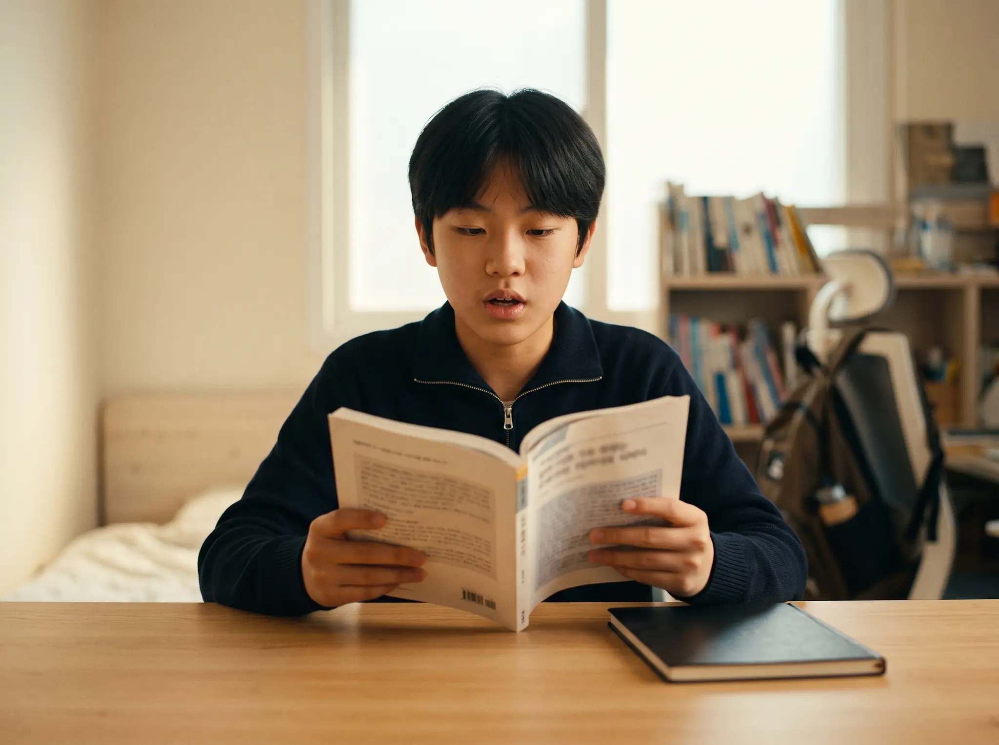 중학생이 영어 교과서를 펼쳐 놓고 본문을 소리 내어 읽으며 공부하는 모습