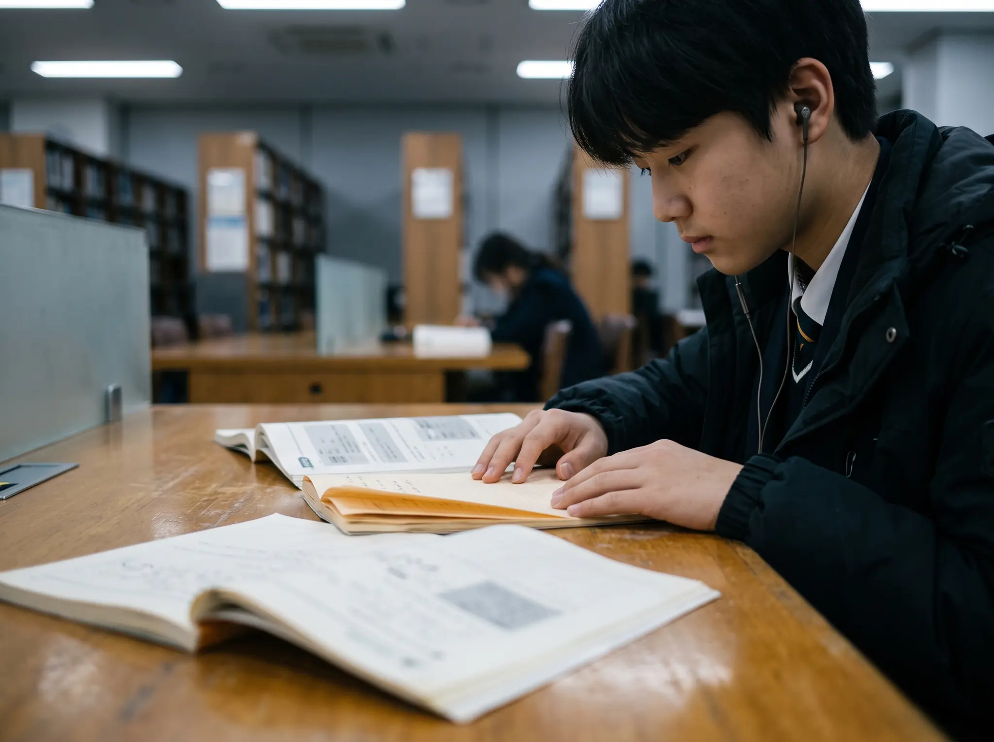 중학생이 이어폰을 끼고 책상에서 영어 듣기 문제를 풀며 노트에 받아쓰는 모습