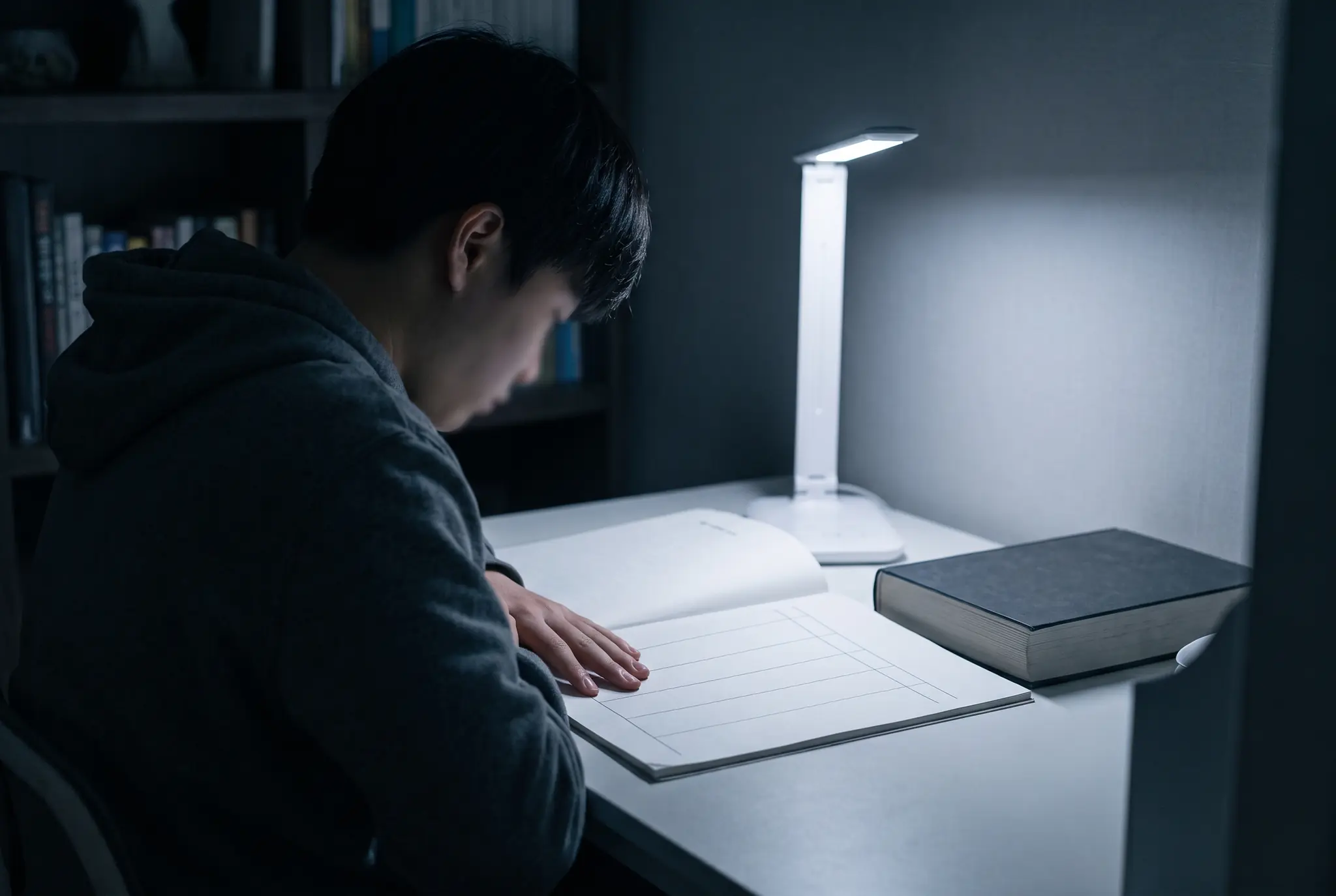 학생이 책상에서 과목별 반영비율과 받은 점수를 공책에 적어 기말고사 목표 점수를 계산하는 모습