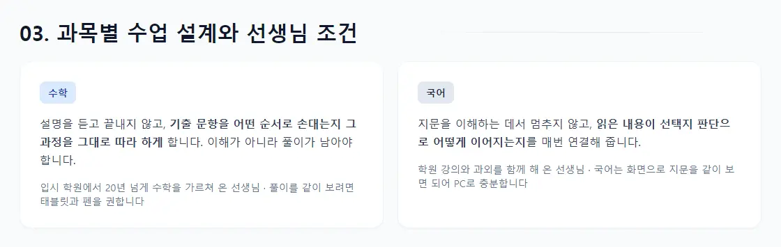 상담 리포트의 '03. 과목별 수업 설계와 선생님 조건' 화면 — 수학은 기출 풀이 과정을 따라 하게 하고, 국어는 읽은 내용을 선택지 판단으로 연결하는 설계