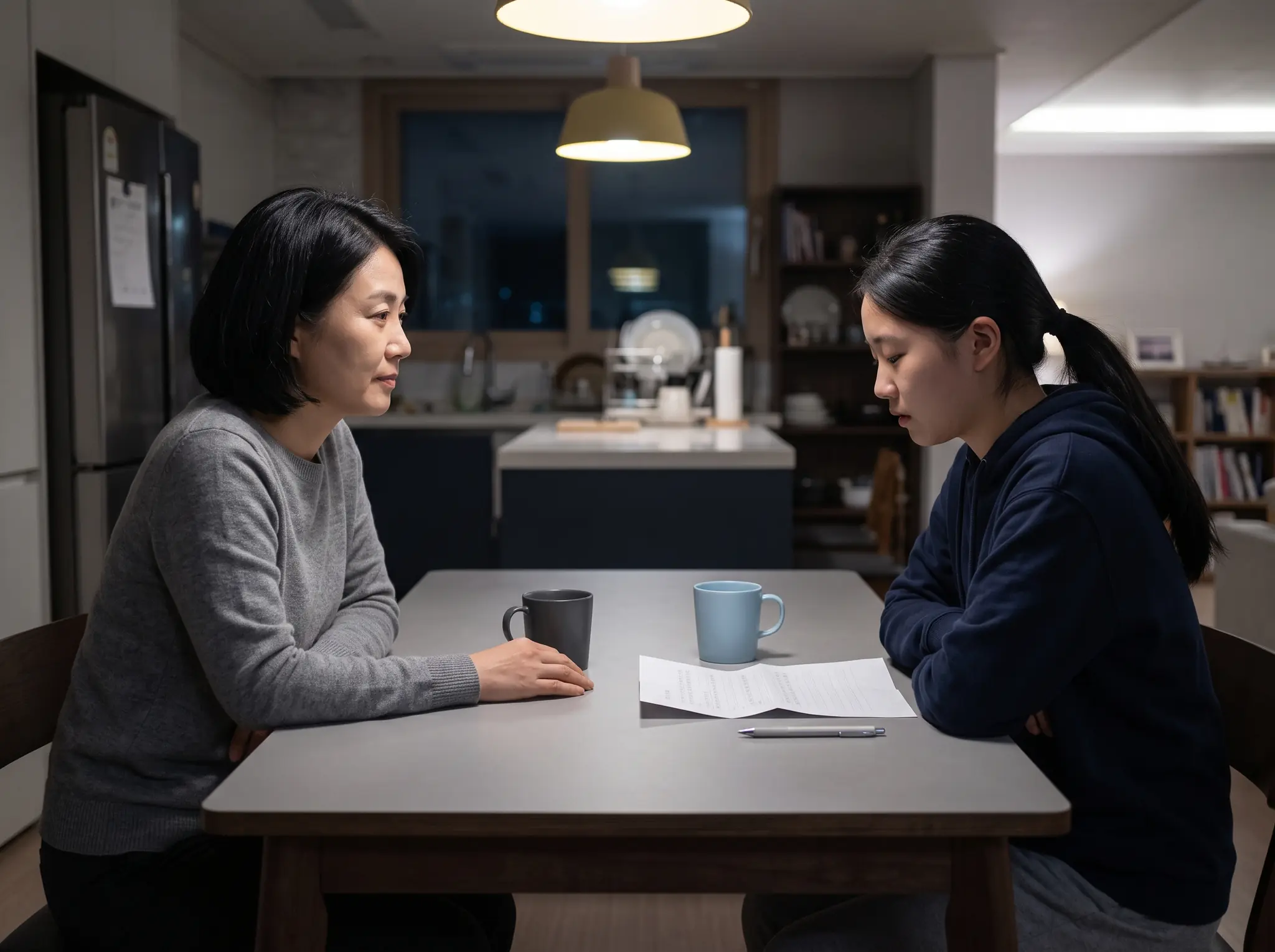 밤 거실 식탁에서 어머니와 고등학생 딸이 마주 앉아 이야기하는 옆모습, 식탁 위에 머그컵과 접힌 종이 — 고1 내신 결과를 함께 보는 장면